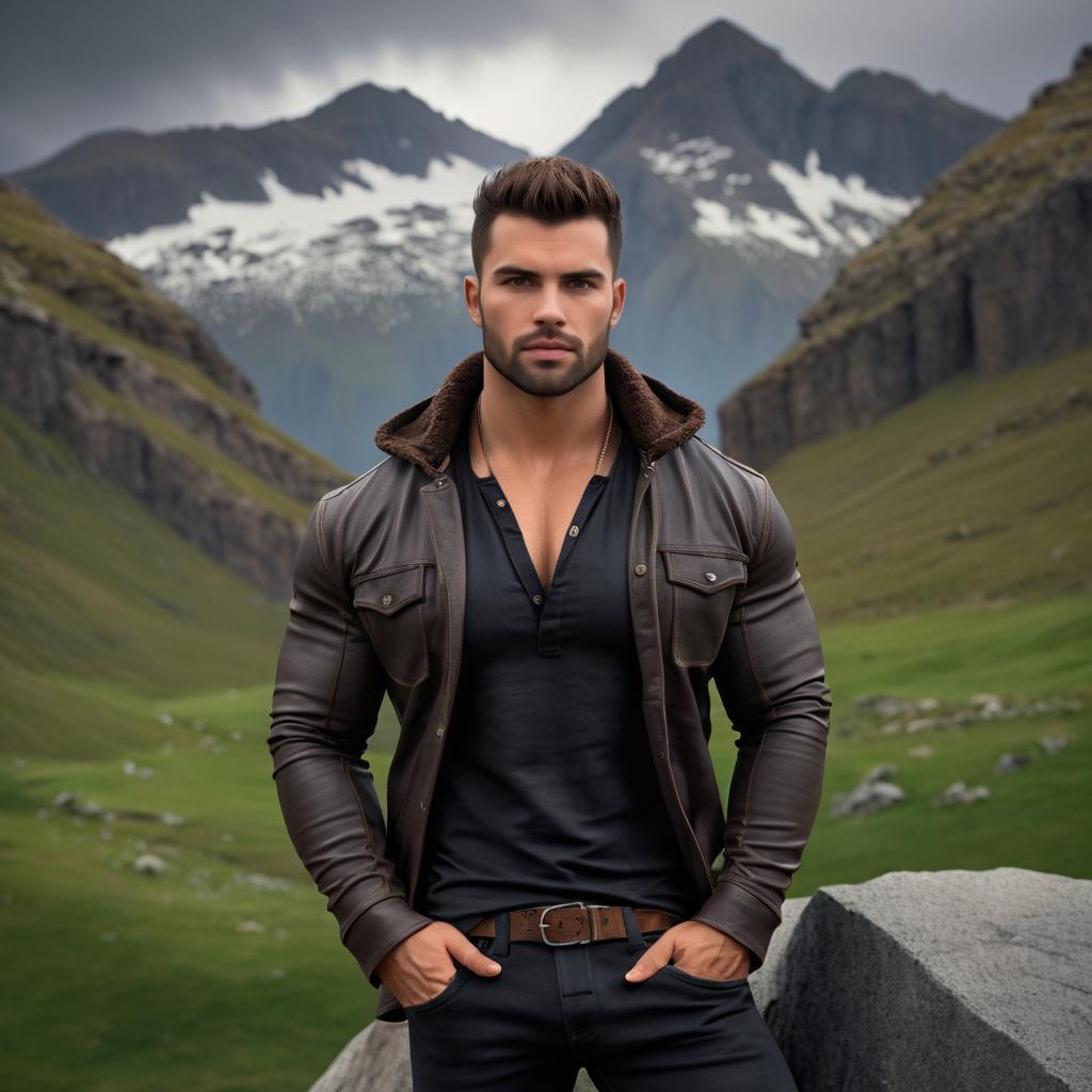 Rugged Young Man in Mountain Landscape