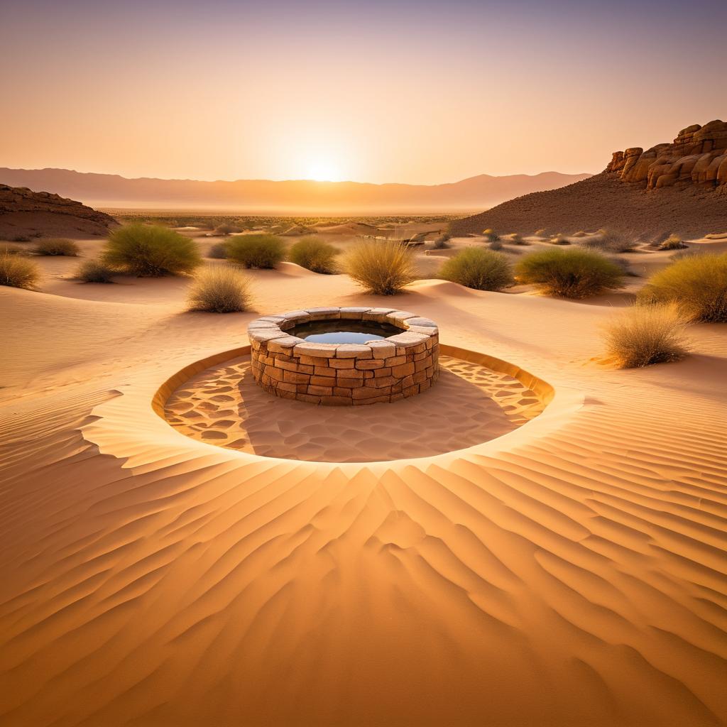 Golden Desert Sunset with Ancient Well