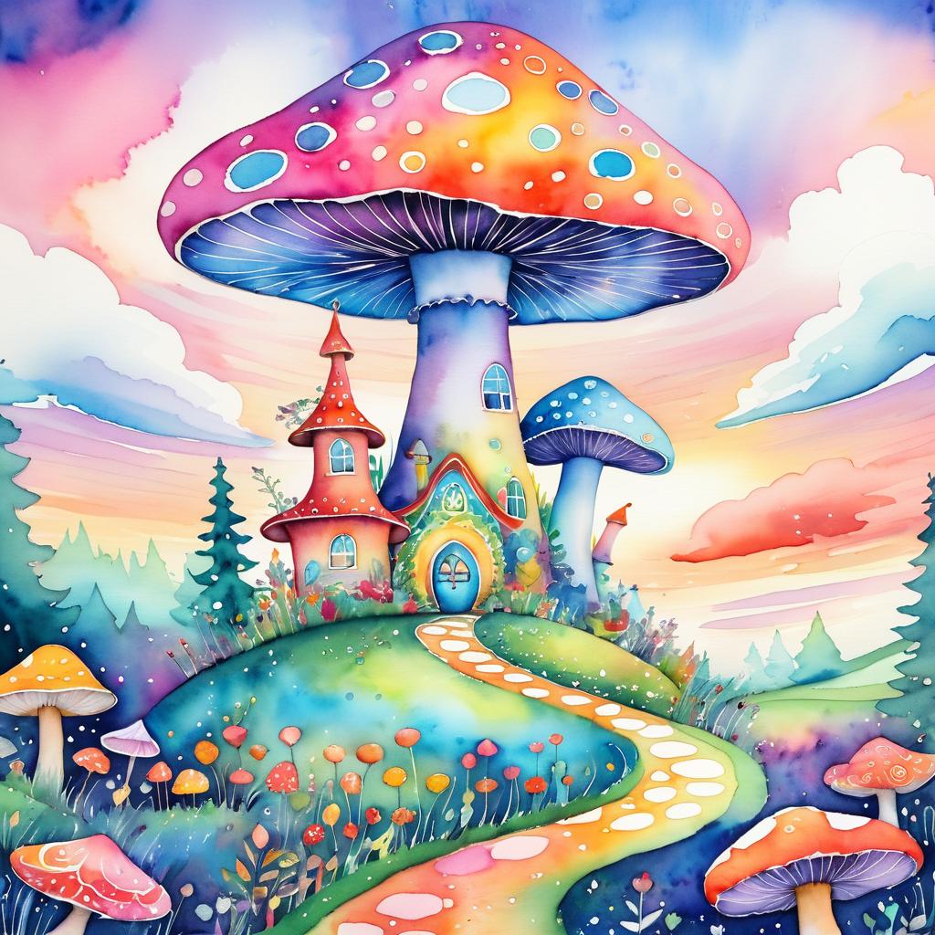 Whimsical Giant Mushroom in Fairy Tale Landscape