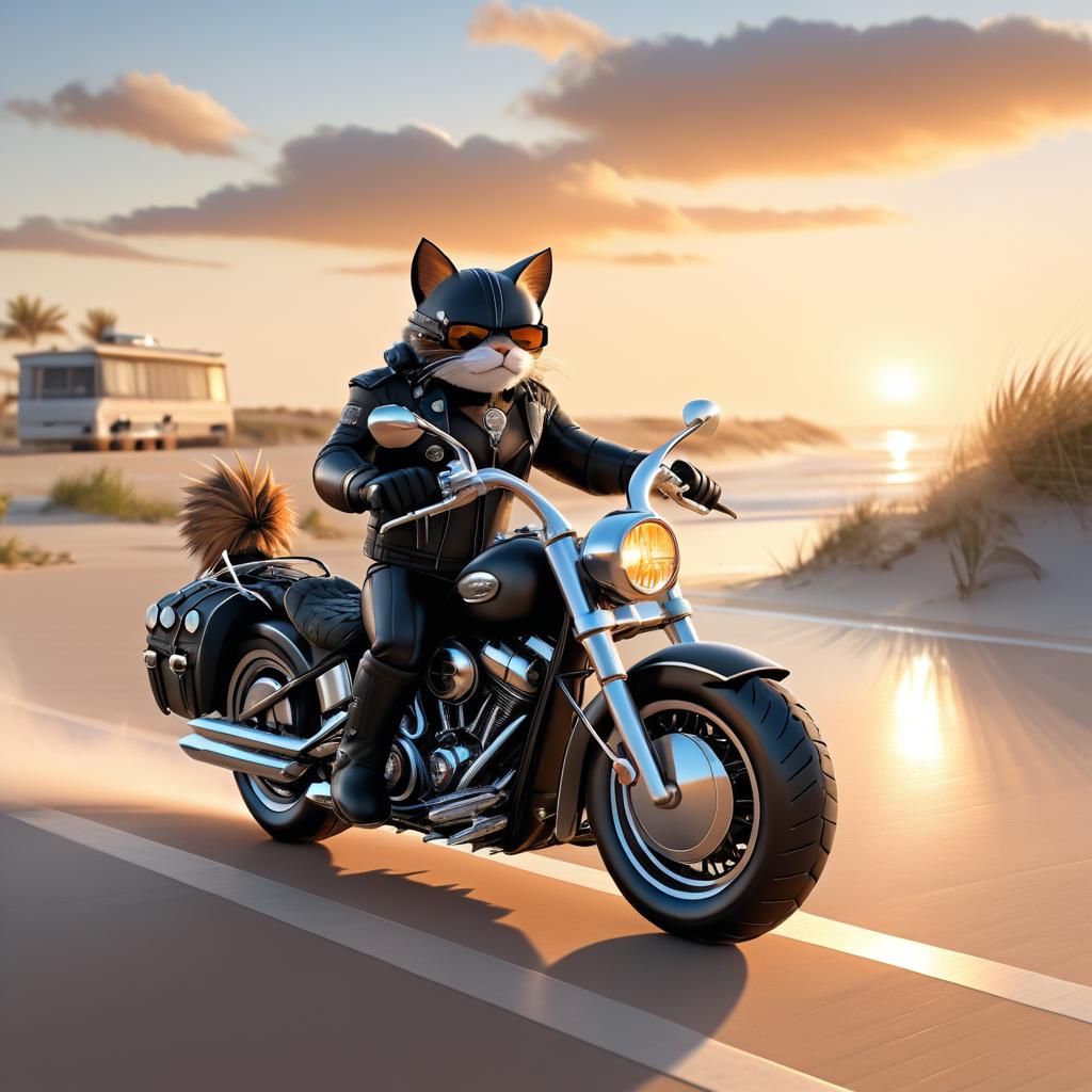 Biker Cat Riding at Sunset