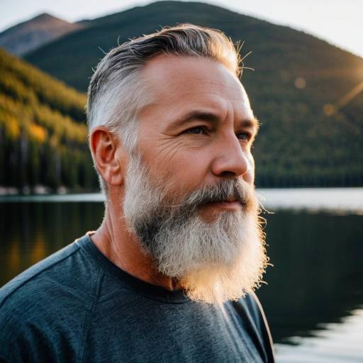 Senior man with beard by lake at sunset