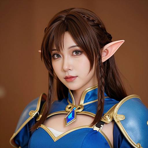 Photograph of an Asian woman in detailed blue and gold fantasy armor with pointed elf ears, long brown hair, and fair skin, set against a brown