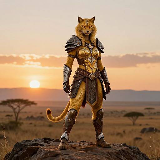 Digital artwork of a fierce, armored, anthropomorphic golden tabby cat warrior standing on a rock at sunset in a savanna.