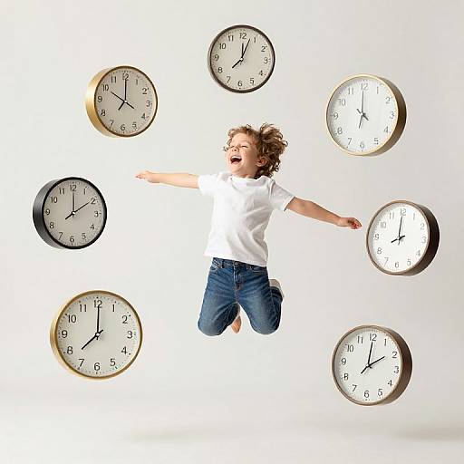 Photograph of a joyful, curly-haired boy in a white shirt and blue jeans jumping amidst eight floating clocks on a white background.