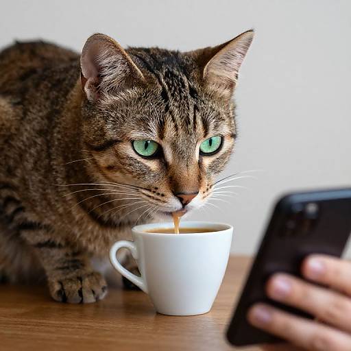 Brindle Cat Drinking Coffee from Small Cup