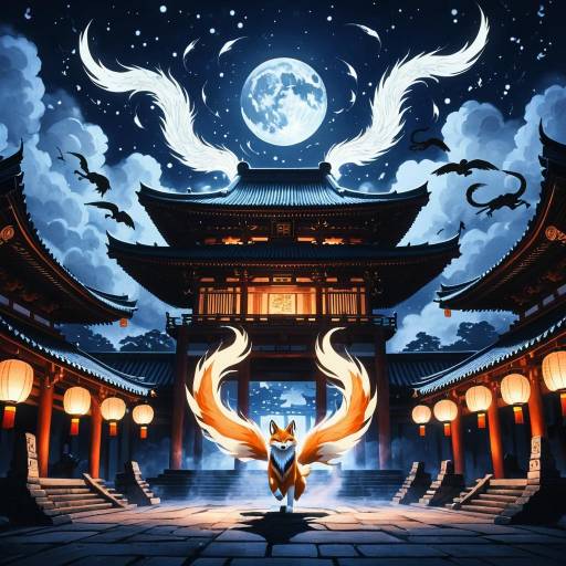 Mystical Kitsune with Glowing Tails at Ancient Temple