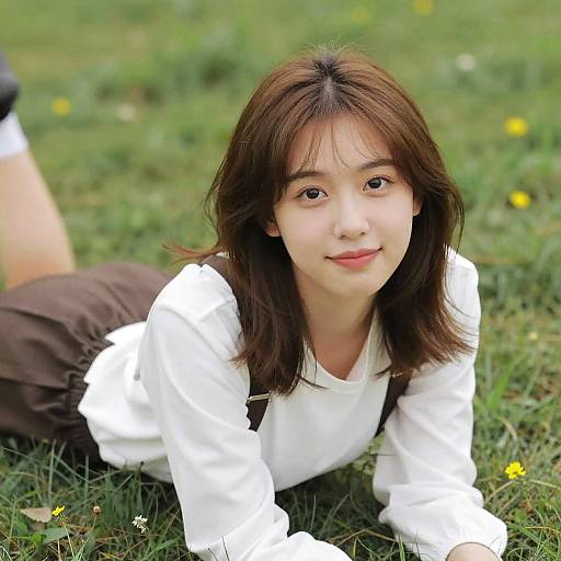Photograph of an Asian teenage girl with shoulder-length brown hair, wearing a white long-sleeve shirt and brown skirt, lying on grass, smiling