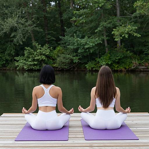 Photograph of two women with black and brown hair, wearing white sports bras and pants, sitting cross-legged on purple yoga mats, meditating by a