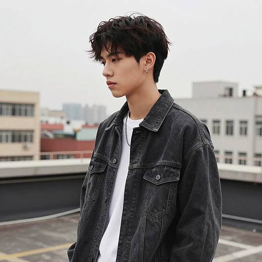 Photograph of an Asian man with short, messy black hair, wearing a black denim jacket over a white shirt, standing on a rooftop with an urban