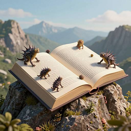 Surreal Book with Spiky Creatures on Peak