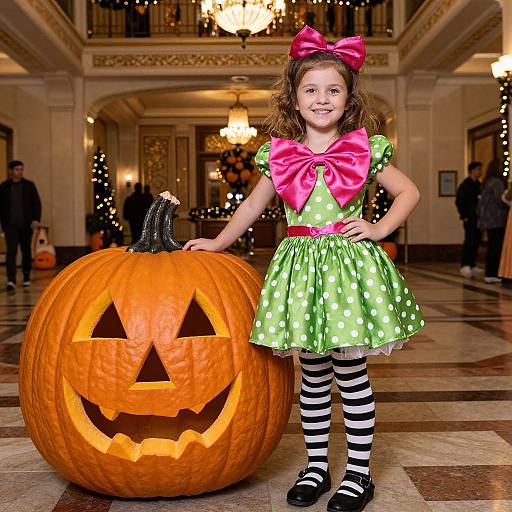 Photograph of a young girl in a green polka-dot dress with pink bow, black-and-white striped tights, and black shoes, standing beside