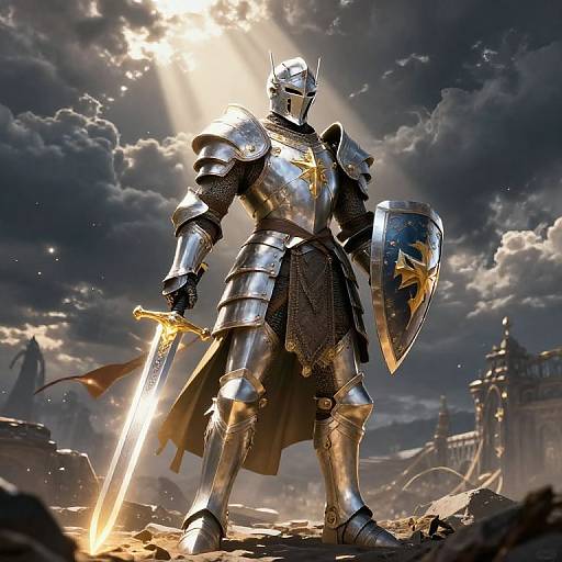 Digital artwork of a shining silver-armored knight with a sword and shield, standing heroically in a sunlit, cloudy battlefield.