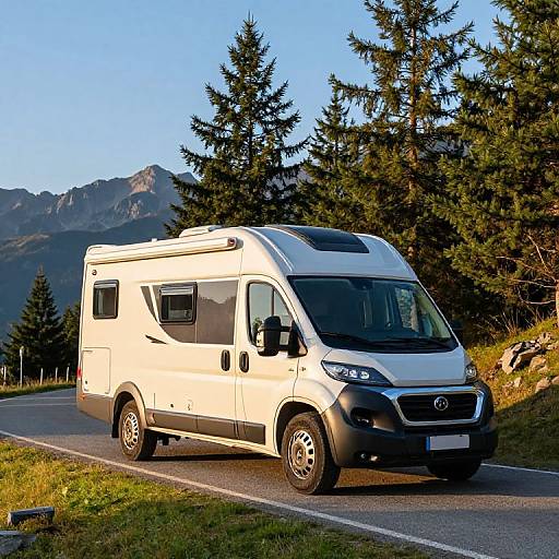 Photograph of a white and black Ford camper van parked on a mountain road, surrounded by evergreen trees and rocky mountains under clear blue sky.