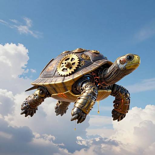 Steampunk-style, mechanical turtle soaring in a bright blue sky with fluffy clouds. Detailed gears and golden accents adorn its shell. Digital artwork.