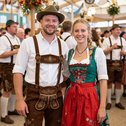 Photograph of a smiling couple at a German Oktoberfest, man in brown lederhosen and hat, woman in green dirndl with red skirt
