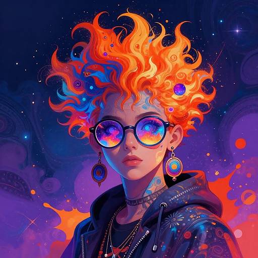 Digital art of a person with vibrant orange and blue flame-like hair, round neon goggles, and dark hooded jacket, set against a cosmic, colorful