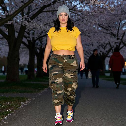 Photograph of a young woman with olive skin, black hair, wearing a gray beanie, yellow crop top, camouflage cargo pants, and colorful sneakers