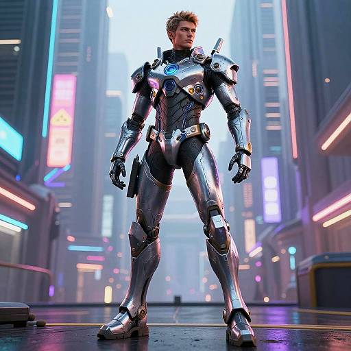 Photorealistic CGI of a muscular, blonde man in shiny, metallic futuristic armor standing confidently in a neon-lit, cyberpunk city street.