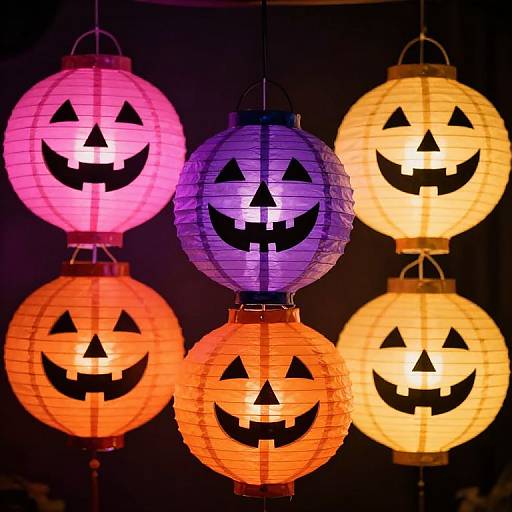 Photograph of six hanging paper lanterns in pink, purple, orange, and yellow, each featuring a black jack-o'-lantern face, illuminated