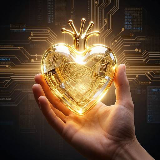Photograph of a glowing, digital heart-shaped object with golden lines, held by a hand against a dark, circuit board background.
