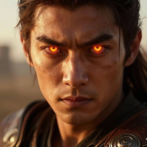 Close-up photograph of a serious, dark-haired man with glowing red eyes, wearing rugged, brown leather armor, with intense sunlight highlighting his face.