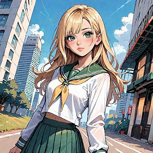 Anime-style digital drawing of a blonde, green-eyed schoolgirl in a white sailor uniform with a yellow necktie, standing on a sunny urban street.