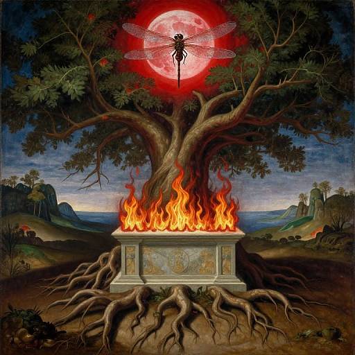 Digital artwork of a fiery stone altar beneath a large tree, with a dragonfly-like silhouette on a red moon above. Dark, surreal landscape in background