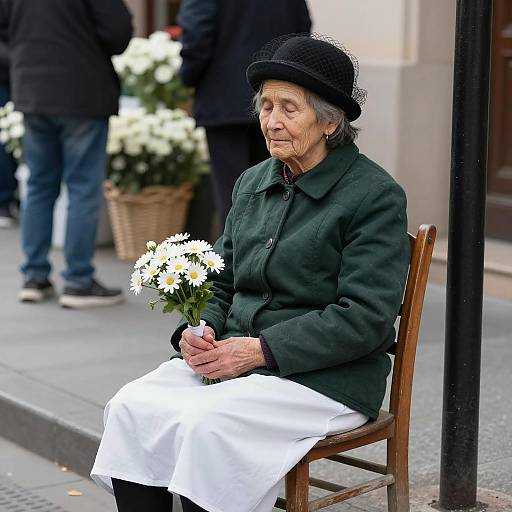 Elderly Woman with Bouquets in Tranquility