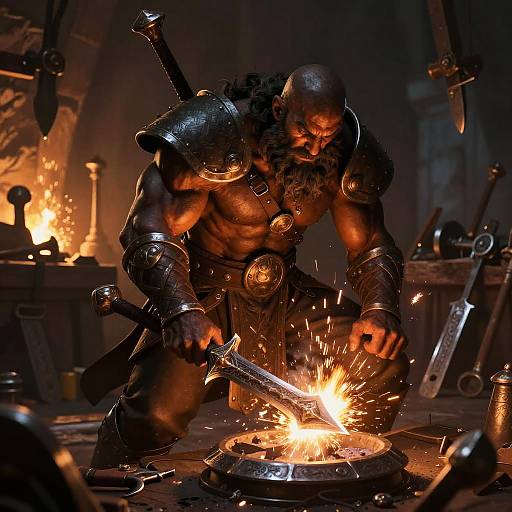 Fierce Dwarf Blacksmith Forging Weapon