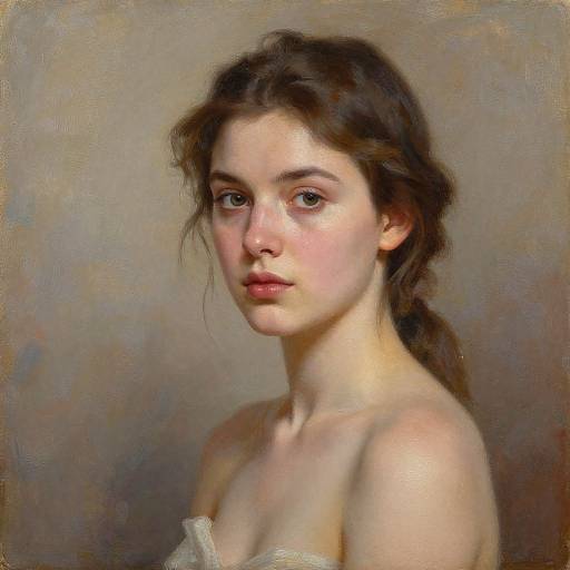 Digital painting of a young woman with fair skin, brown hair in a loose ponytail, and soft, neutral expression, wearing a strapless white top