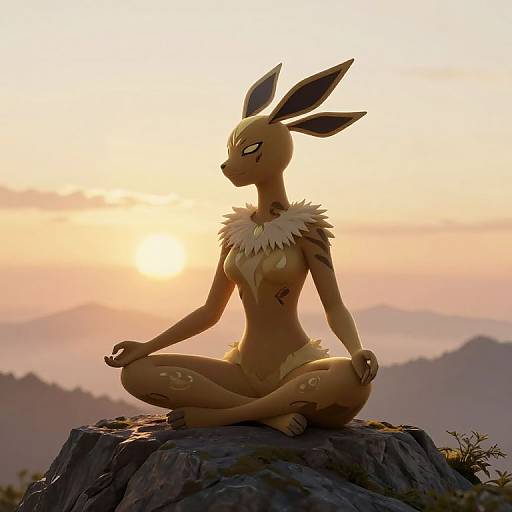 Digital artwork of a serene, anthropomorphic Eevee-like creature meditating on a rock at sunset, with a mountainous background. Warm, golden