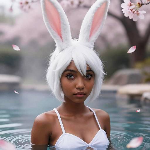 Photograph of a dark-skinned woman with white bunny ears and short white hair, wearing a white bikini top, in a serene, cherry-bloss