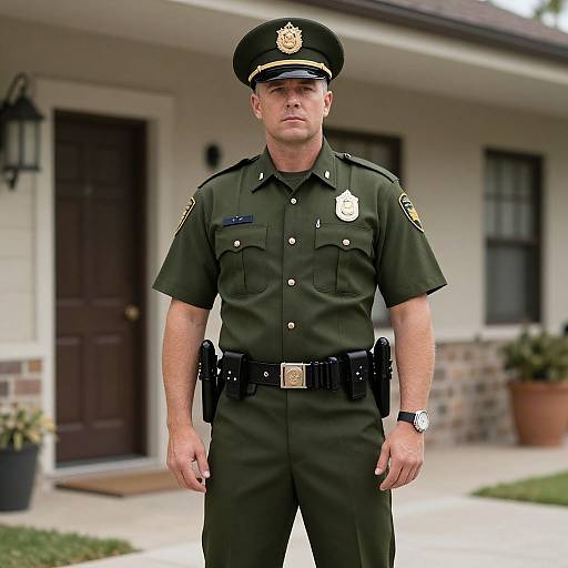 Photograph of a stern-looking male police officer in a dark green uniform and cap standing in front of a suburban house.