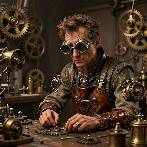 Steampunk inventor with curly brown hair, round goggles, leather apron, and brass rings, meticulously assembling gears in a dimly lit workshop.