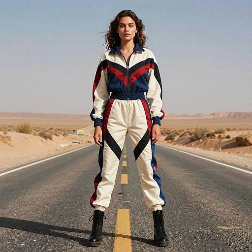 Photograph of a confident woman with dark hair, wearing a white, blue, and red geometric-patterned tracksuit, standing on a desert road.
