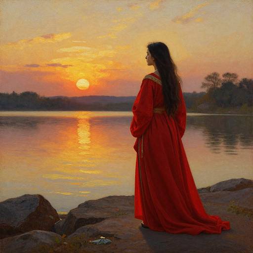 Photograph-style painting of a woman in a long red dress, standing on rocky shore, gazing at a vibrant sunset over a calm lake.