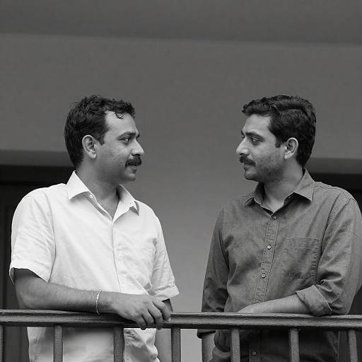 Black and White Balcony Conversation Between Men