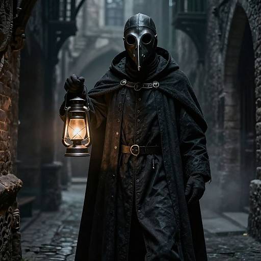 Mysterious figure in black hooded cloak and gas mask holds lantern, standing in dark, cobblestone alleyway with arched brick walls. Photography