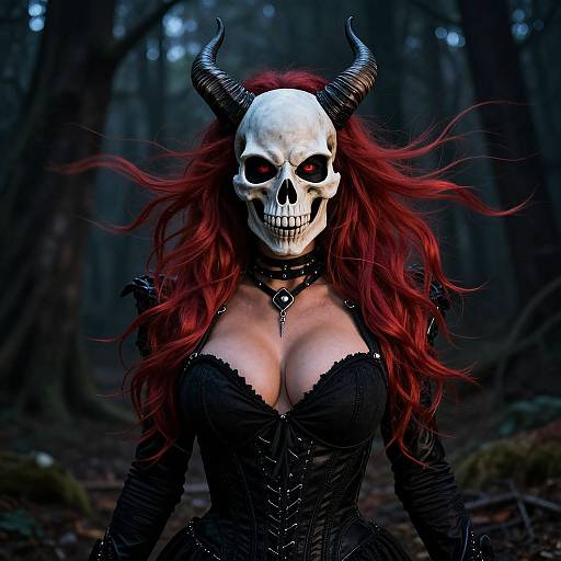 Digital artwork of a female demon with a white skull mask, red hair, black horns, and black corset in a dark forest.