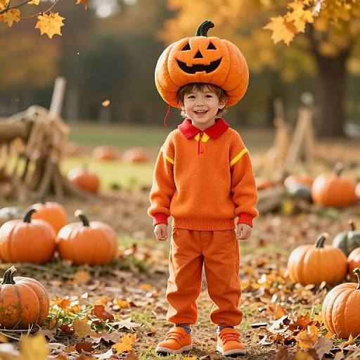 Photograph of a smiling young boy in an orange pumpkin hat, sweater, and pants, standing in a pumpkin-filled autumn field.