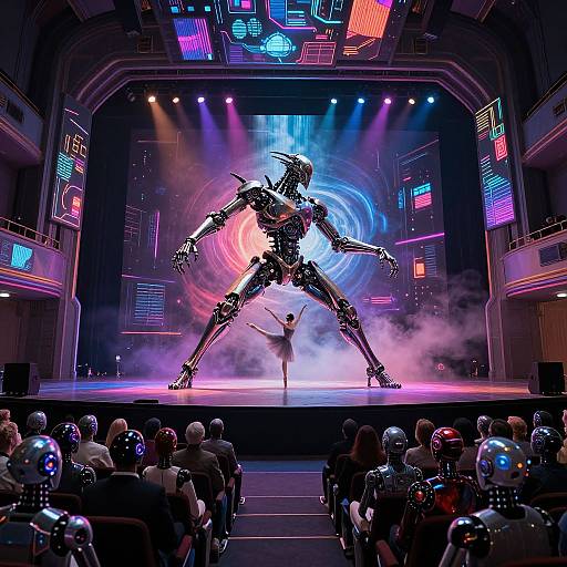 Photograph of a futuristic, neon-lit stage with a robotic dancer in a dynamic pose, surrounded by audience members in sci-fi helmets.
