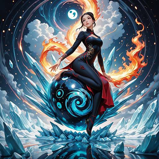 Digital artwork of a confident, dark-haired woman in a black dress with red trim, surrounded by fiery flames and icy crystals. She stands on a glowing