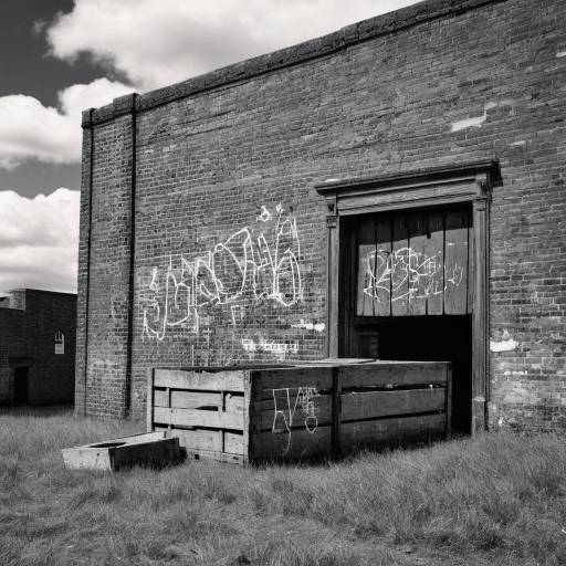 Abandoned Brick Building with Graffiti and Wooden Crates