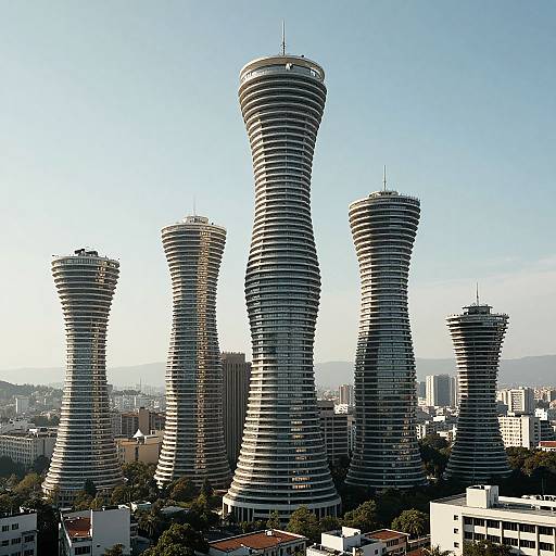 Photograph of four uniquely designed, cylindrical skyscrapers with undulating, ribbon-like facades, standing tall against a clear blue sky in an urban