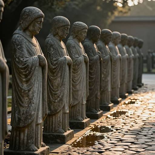 Photograph of a row of weathered stone statues of robed figures standing in a line on a sunlit cobblestone path.