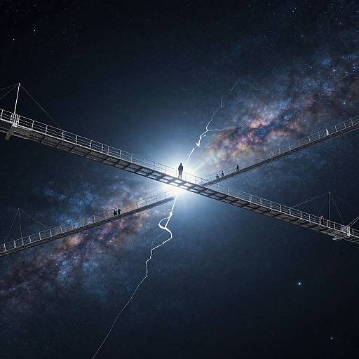 Photograph of a cosmic bridge with silhouetted figures crossing, illuminated by a bright white light, with a galaxy and lightning in the dark,