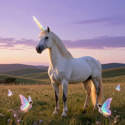 Photograph of a white unicorn with a glowing horn, standing in a grassy field at sunset, surrounded by glowing blue butterflies.