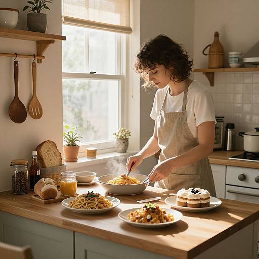 Photograph of a curly-haired woman in a white shirt and beige apron, stirring pasta in a sunlit, rustic kitchen.