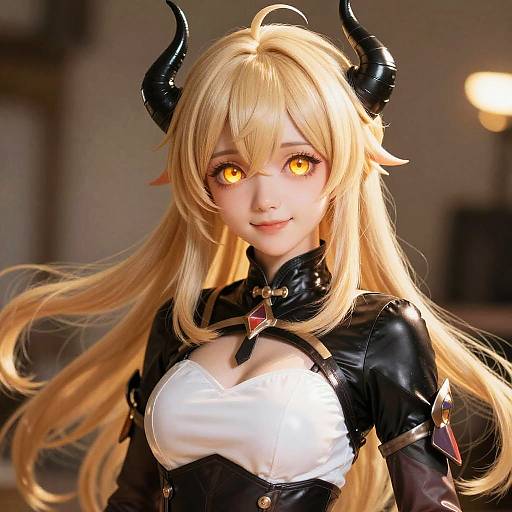 Anime Fantasy Character with Blonde Hair and Black Horns