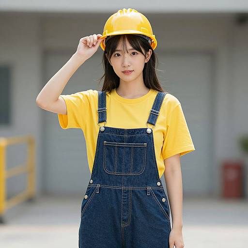 Young Asian woman with long black hair, wearing yellow helmet, yellow shirt, and dark blue overalls, standing outdoors in a blurred industrial background.